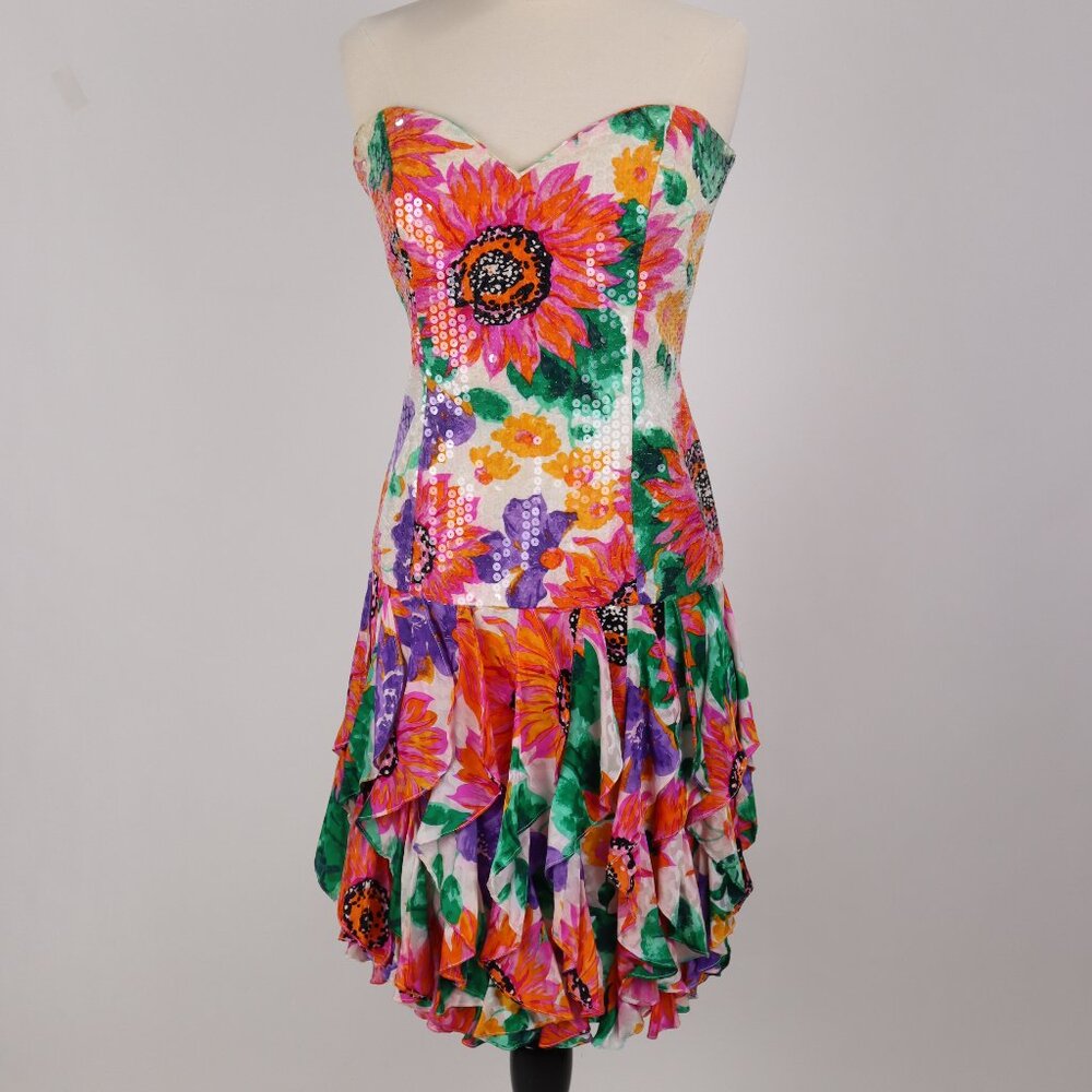 Vintage A.J. Bari Tropical Floral Ruffled Tiered Strapless Dress Party Resort